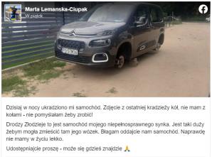 Mama niepełnosprawnego chłopca apeluje do złodziei: Błagam, oddajcie nam samochód. Naprawdę nie mamy w życiu lekko. Prosi o pomoc Rutkowskiego!